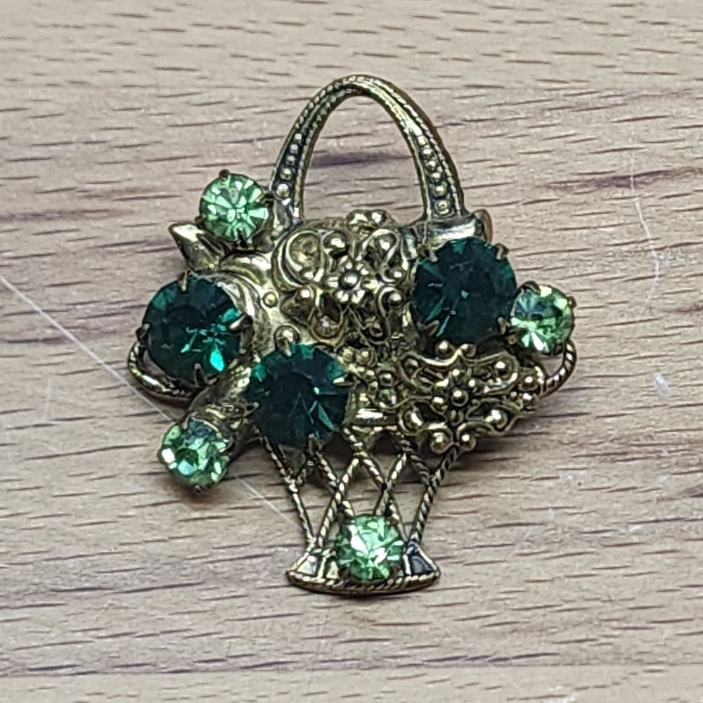 Vintage Gold & Green Rhinestone Basket Brooch